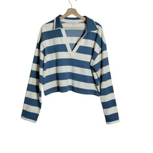 Flat White Blue Cream Striped Cropped Rugby Polo Top Long Sleeve XL